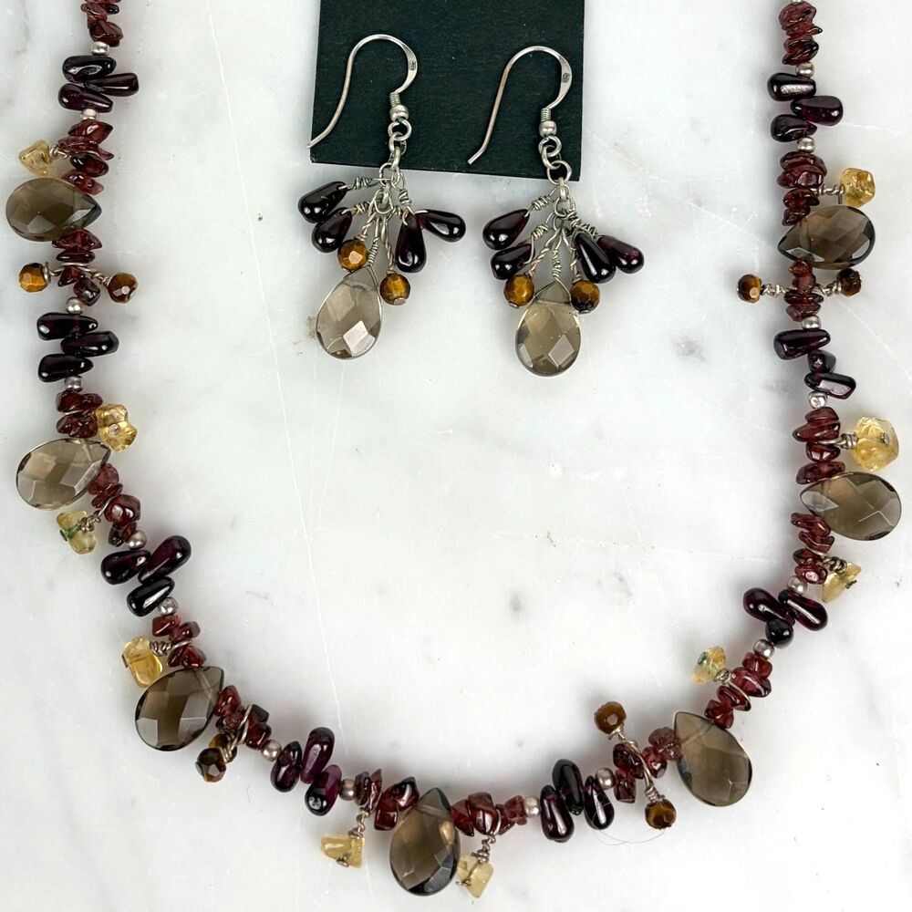 Garnet Smoky Quartz Necklace Earring Set Sterling Silver Beaded by Pearl Dream